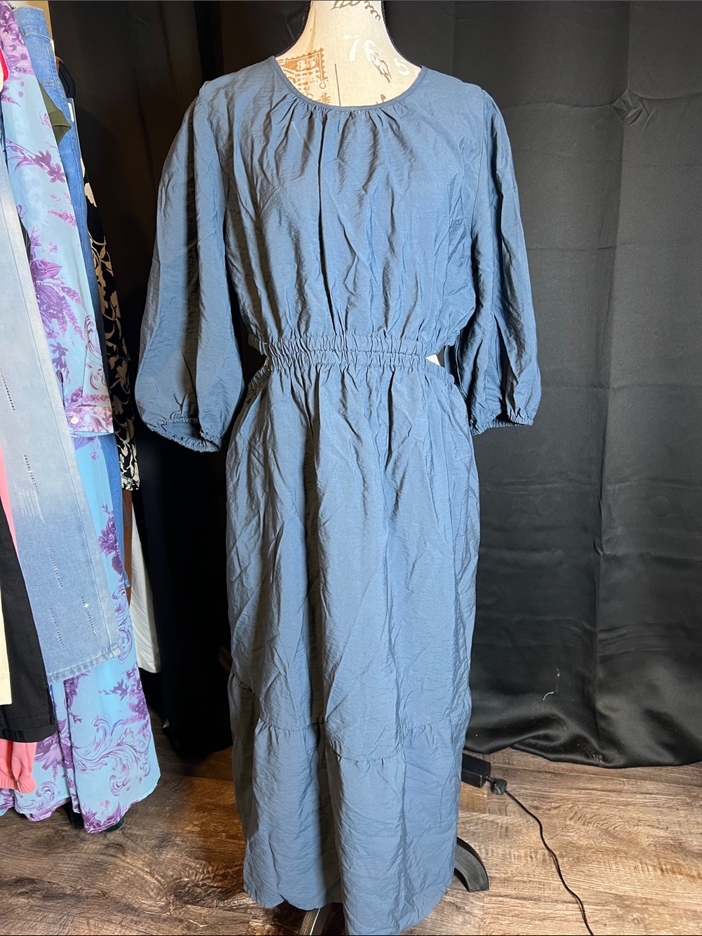 Women's Blue Elastic-cut out Waist Midi Dress